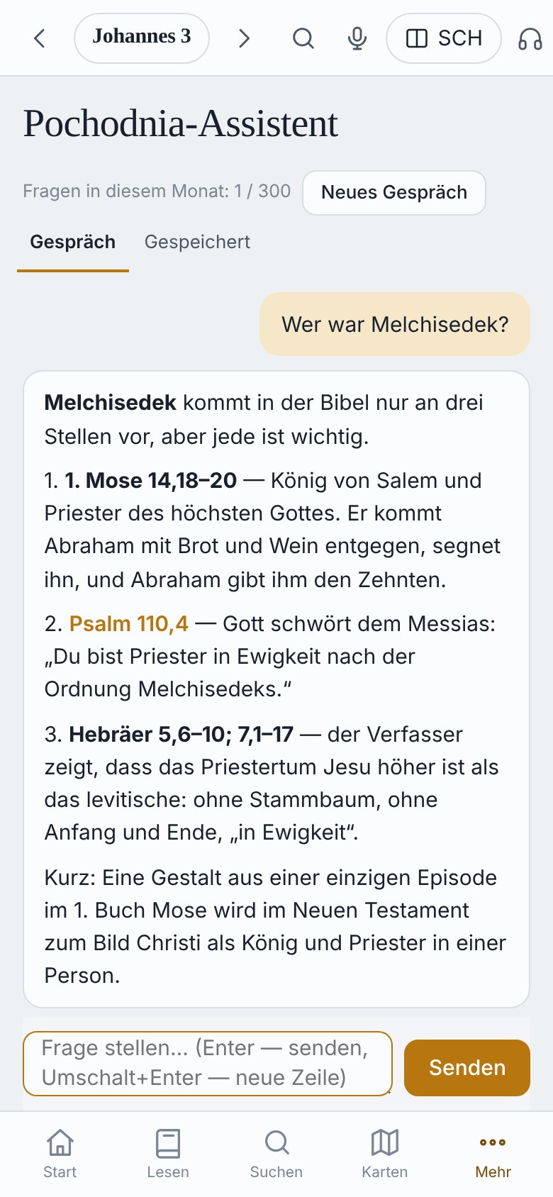 Pochodnia-Assistent beantwortet „Wer war Melchisedek?“ mit Versverweisen