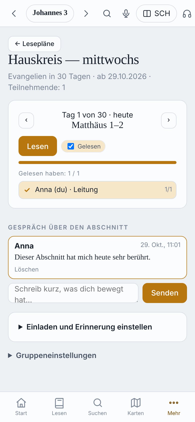 Lesegruppe: Tag 1 von 30, wer gelesen hat, Gespräch