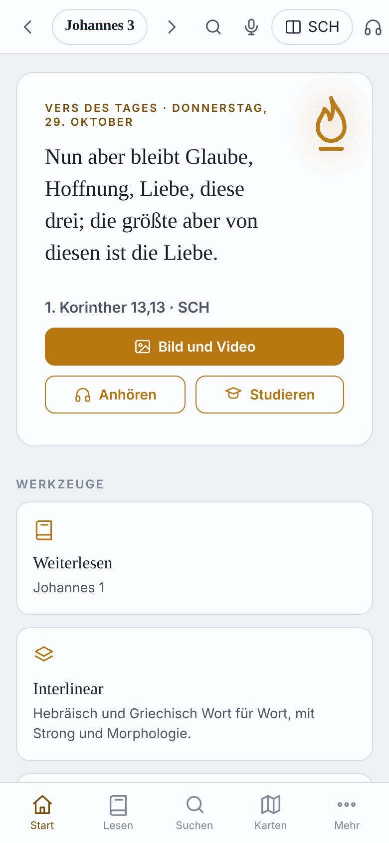 Startbildschirm von Pochodnia auf dem Telefon: Tagesvers und Werkzeuge