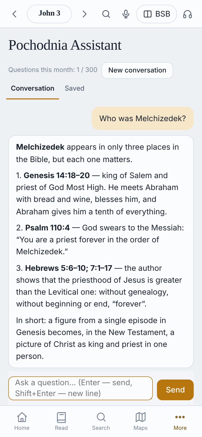 Pochodnia Assistant answering “Who was Melchizedek?” with verse references
