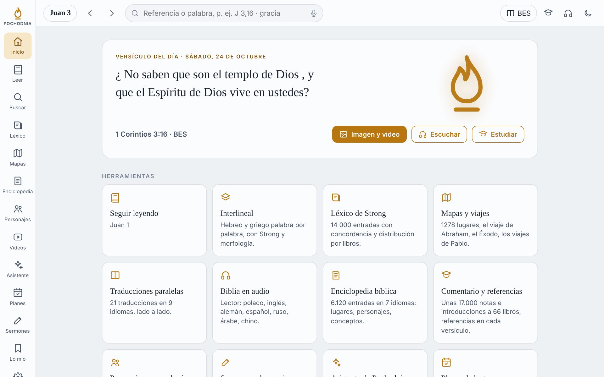 Pochodnia en el ordenador: pantalla de inicio con el versículo del día y las herramientas