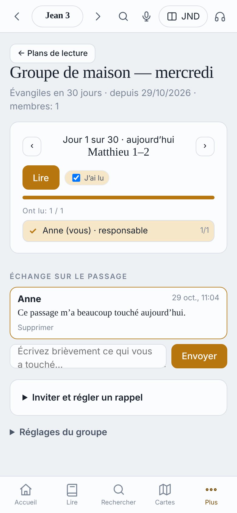 Groupe de lecture : jour 1 sur 30, qui a lu, échange