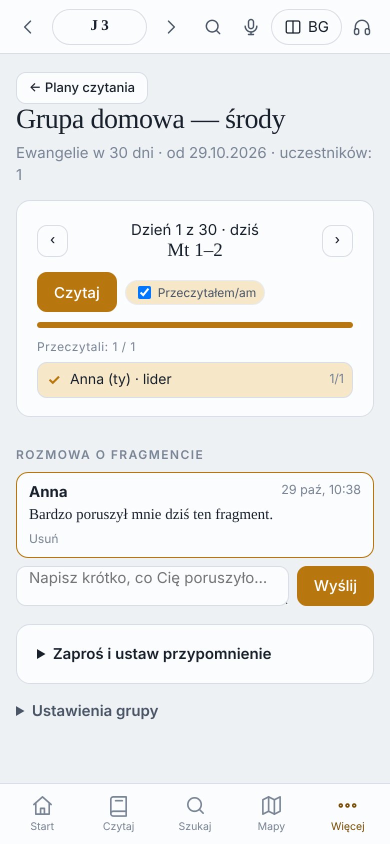 Grupa czytania: dzień 1 z 30, kto przeczytał, rozmowa