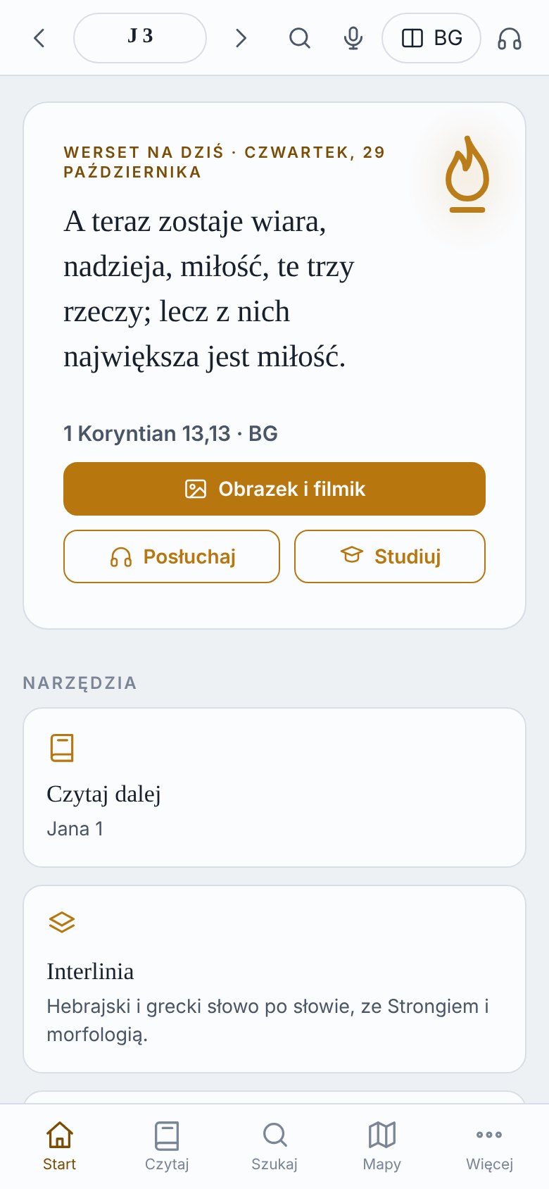 Ekran Start Pochodni na telefonie: werset na dziś i narzędzia
